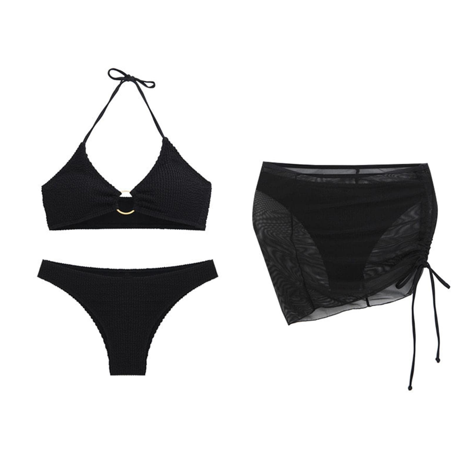 Generic Mujer Bikini de Gradiente de Mujer Bañadores Traje de baño de 3 Piezas para Mujer, Conjunto de Bikini con Anillo y Falda para Cubrir Bragas Bikini N