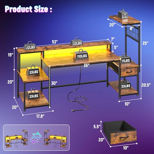 Image of DurayLoly 63 inch Computer Desk with LED Lights & Outlets,Office Desk with Drawers & Monitor Stand,Gaming Desk with 3 Storage Shelves, Hooks& Printer Space for Game&Study Room,Home Office,Bedroom,Brown