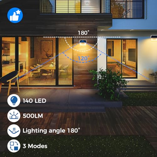 Image of Peasur Solar Lights Outdoor Motion Sensor Waterproof, 1Pack 140LED White Solar Powered Fence Lights, 3 Modes Security Wall Lights for Garden Yard Outside Warm