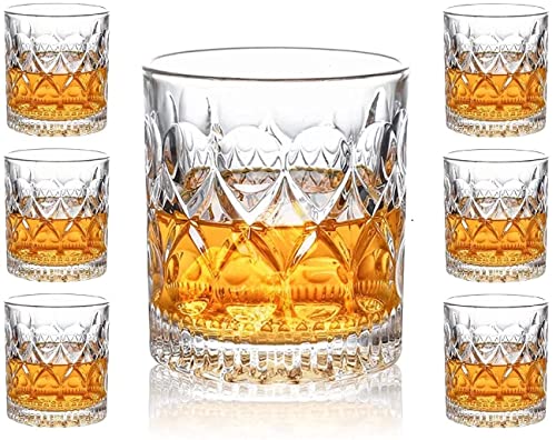 Image of Whiskey Glass Transparent, 310 ML, Whisky Glass, Diamond Design Bar Glass for Drinking Bourbon, Whisky, Scotch, Cocktails, Cognac - Old Fashioned Cocktail Tumblers Set of 6 (Green.$., 6)