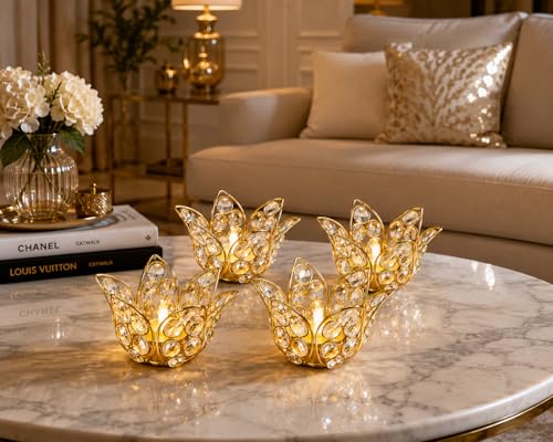 Image of CentraLit Gold Lotus Crystal Decorative Items for Home Decor Living Room Table Decor Showpiece for Home Decor, Wedding Gift, House Warming Gift, Diwali Decoration Jyot, Tealight Candle Holder Set of 4