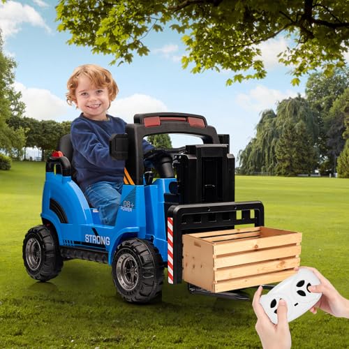 12V Kids Ride On Forklift Car, Electric Ride On Construction Car Toy for Toddles With Remote Control, Liftable Fork and Pallet, Low-Power Alarm, 2 Speeds, Music, Blue