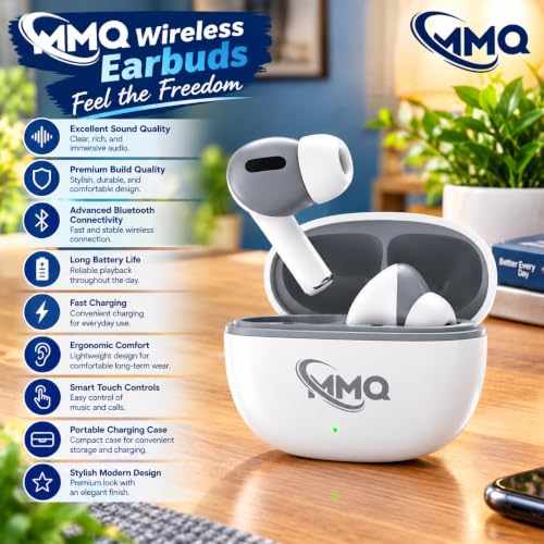 Image of MMQ Ear Buds Wireless Luckypod White Color with Bluetooth V 5.3.0 & with Type C Fast Charging, 90 Hours Playtime, Isolation & Clear Calls, Bluetooth Earbuds with IPX4.5 TWS Earphones