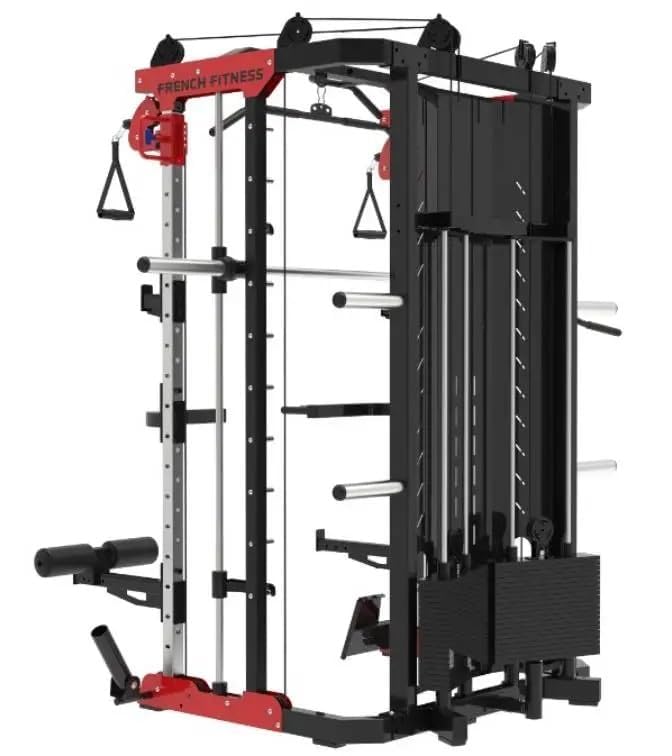French Fitness FSR60 Functional Smith & Squat Rack Home Gym – All-in-One Machine with Smith Bar, Squat Rack, LAT Pulldown, Pull-Up Bar, and Optional Attachments (Red / Black, 286 lbs x 2)