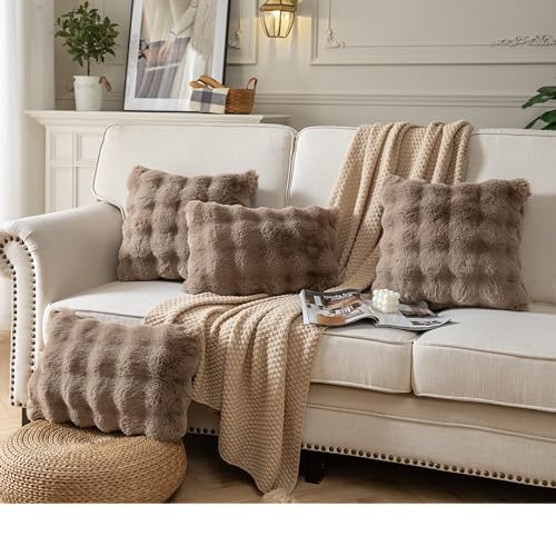 2er Set Plüsch Kissenbezug Dekorativ Sanft Kurze Wolle Samt Zierkissenbezüge Luxus Square Kissenhülle für Sofa Couch Wohnzimmer 45x45 cm Taupe – Bild 3