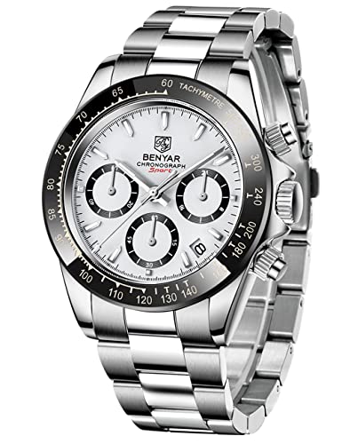 Herrenuhr BENYAR Mode Quarzwerk Armbanduhr Analog Chronograph Business Wasserdicht und Kratzfest Edelstahlarmband Freizeit Sportuhren für Herren (Silber-)