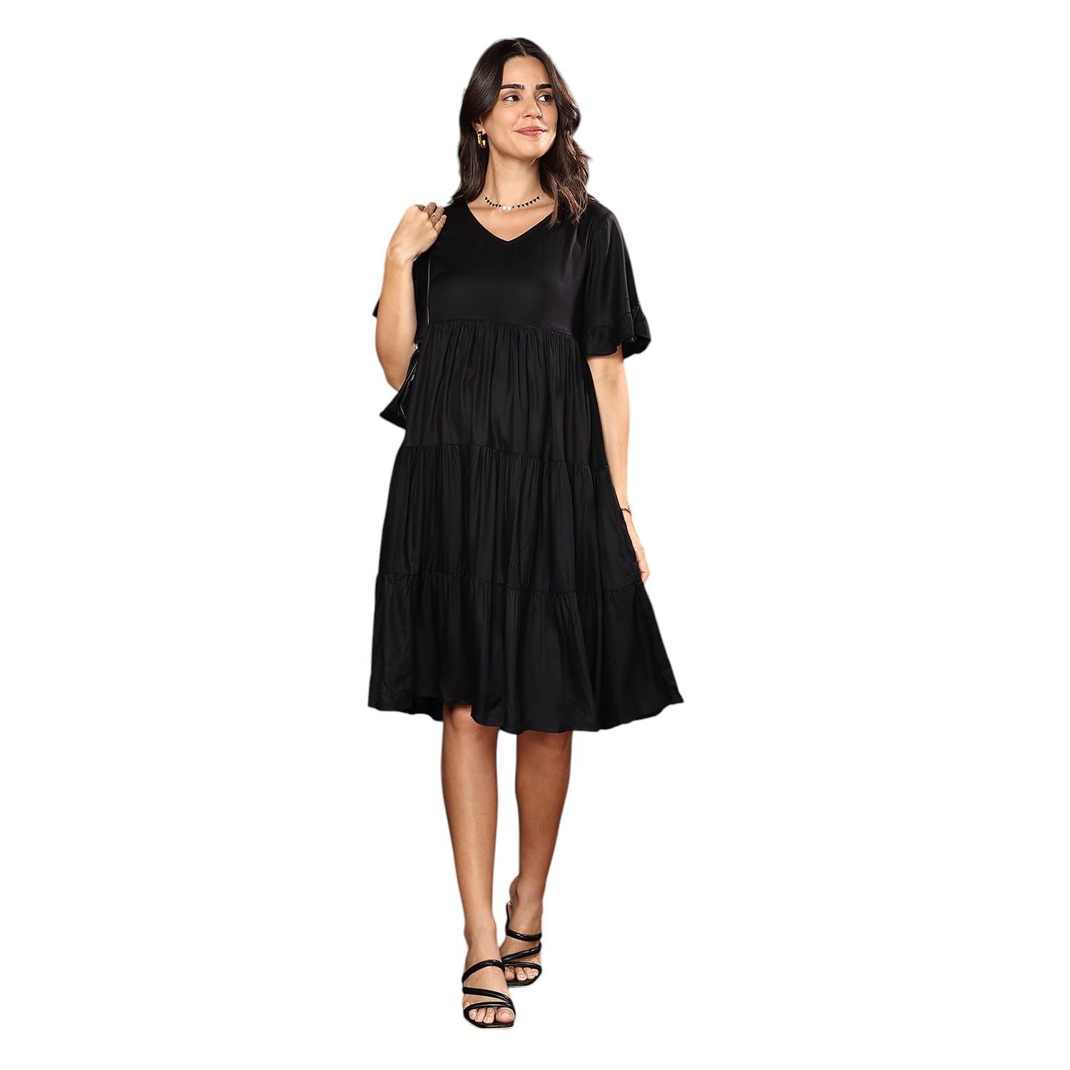 Women's Maternity Dress Cotton Feel | Knee Length Pregnancy & Feeding Dress with Zippers | Baby Shower & Nursing Gown for Women