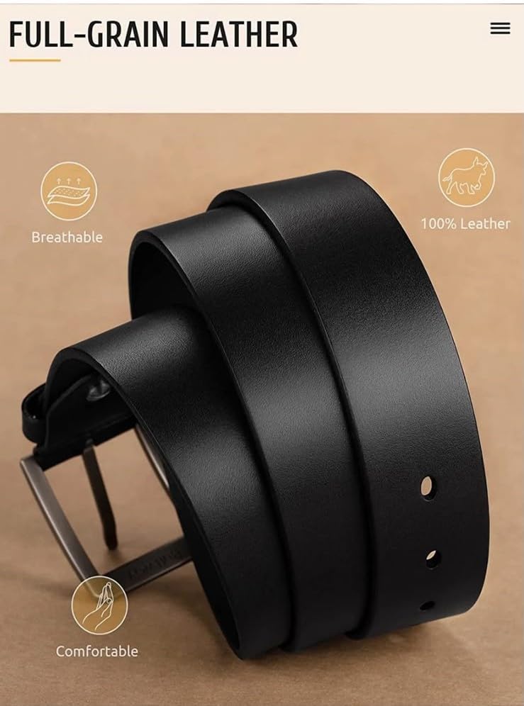 Image of Black Leather Belt for Men with Automatic Ratchet Buckle | Adjustable Formal & Casual Belt for Men | Stylish Full Waist Belt for Office, Jeans & Trousers