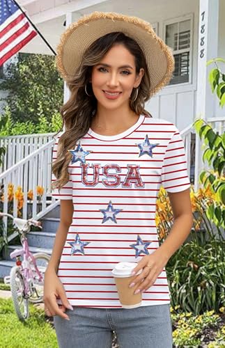 Image of Ithalt Women 4th of July Shirt Fourth of July Shirts USA Sequin Tshirt American Patriotic T-Shirt Stripes Tee Tops