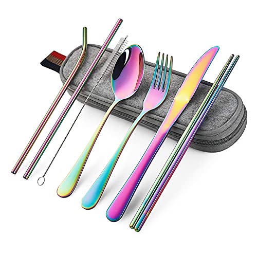 Hotype Ensemble de Couverts, Couverts de Camping en Acier Inoxydable, Couteaux, Fourchettes, Cuillères, Baguettes, Pailles, Brosse, Sac Portable, pour Voyage Maison École Déjeuner, 8 Pièces, Coloré Cover
