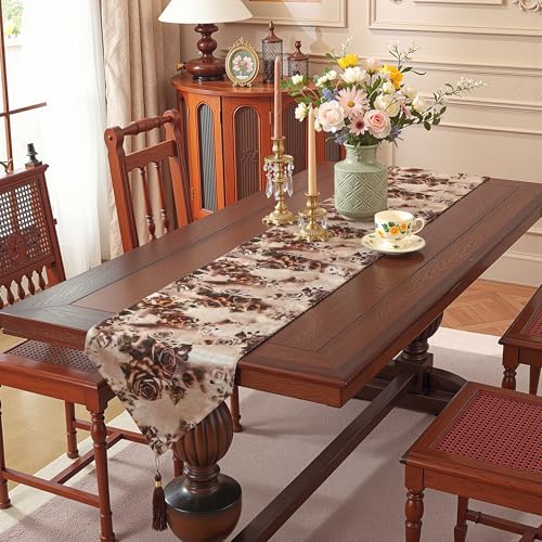 Image of Kuber Industries 68x16 Inch Jute Table Runner for Party, Wedding and Family Dinners | Reusable Centre and Dining Table Runner | Flower Print - Brown