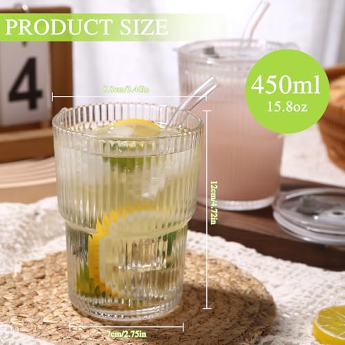 2 Pezzi Bicchiere con Cannuccia e Coperchio, Bicchieri a Righe da 450 ml con Manicotti Tazze, Design a Tenuta Stagna, Bicchieri Frullato in Vetro Trasparente Cocktail Bicchieri da Caffè Freddo - immagine 3