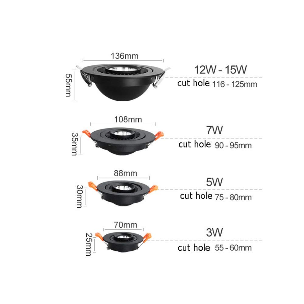 QYYZTQY 15 W Rotatable LED reflight Rected Sufit Down, 3000K biały okrągły panelu ścienna, ratowane energią o oszczędności energetycznej, oświetlenie dekoracji sypialni w łazience FI (kolor: czarny,