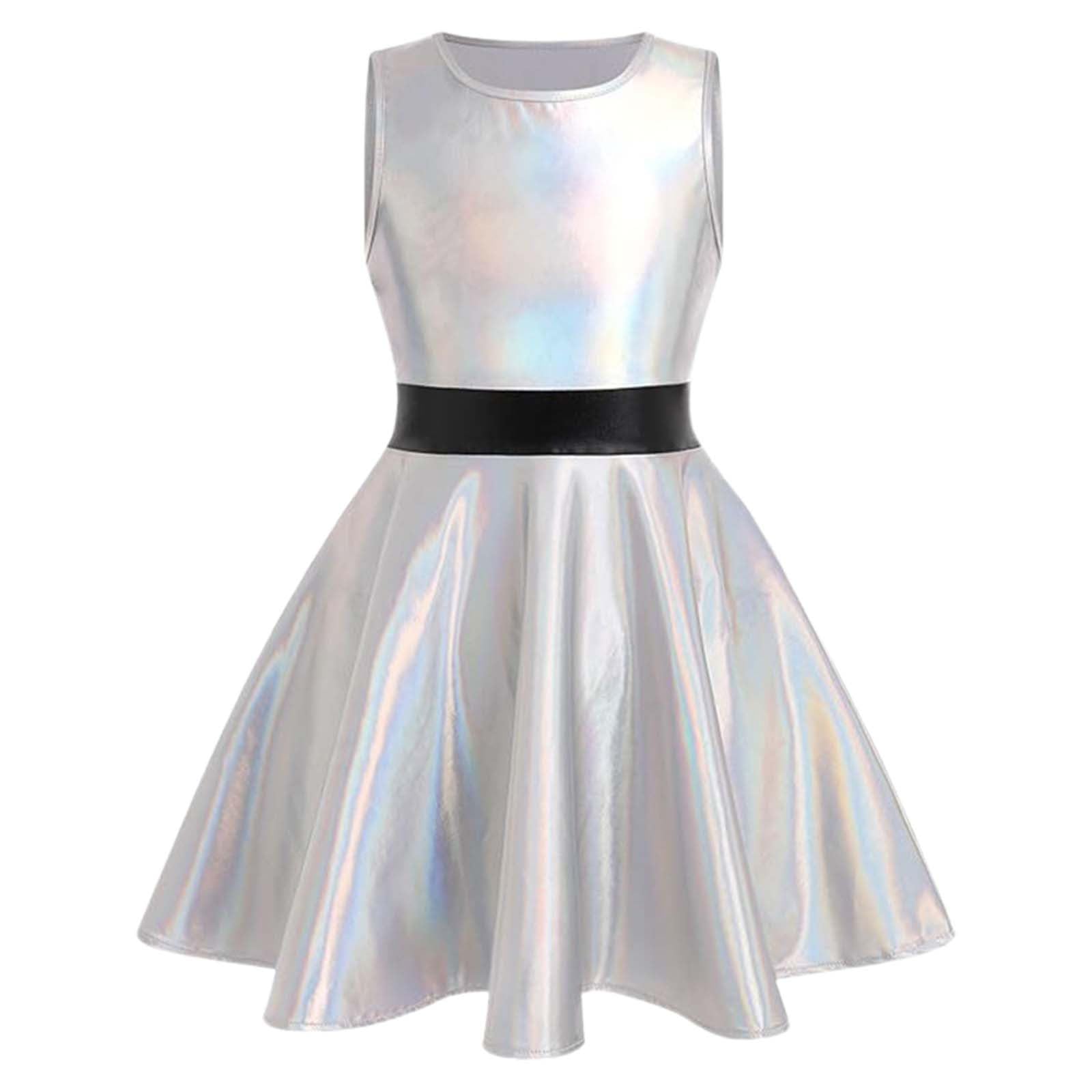2026 Fancy Dress Costumes Girls Sleeveless for Toddler Dance Performance Shiny Metallic Flare Party (Silver, 140) โ image 1