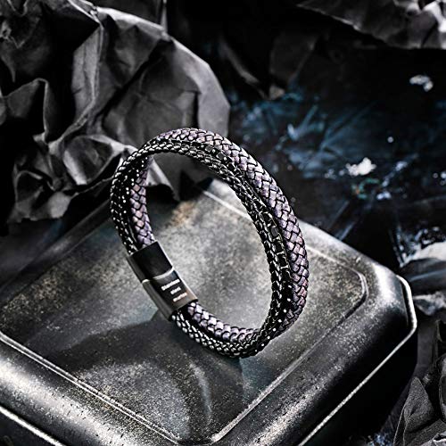 Image of Men's Leather and Steel Chain Bracelet with Clasp
