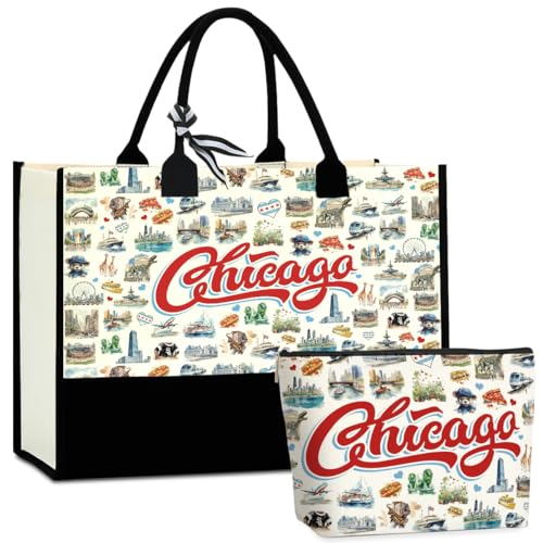 CHQIUCR Chicago-Themed Weekender & Makeup Bag Set - Mother's Day Gift for Mom, Sister, Friends - Reusable Canvas Travel & Beach Bags (2-Piece)