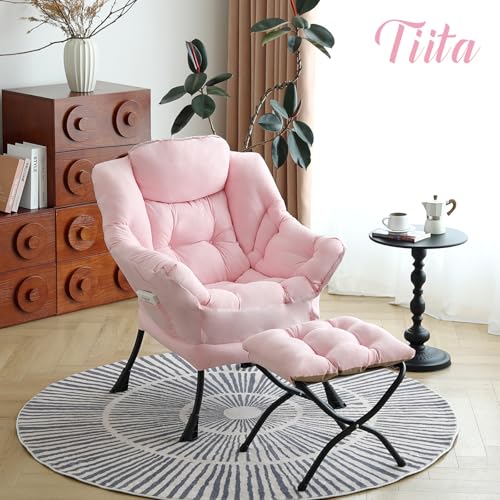 Image of Tiita Lazy Chair with Ottoman, Pink Modern Large Accent Chair, Comfy Leisure Sofa Armchair with Ottoman, Reading Chair with Footrest for Bedroom, Living Room, Dorm Rooms, Pink