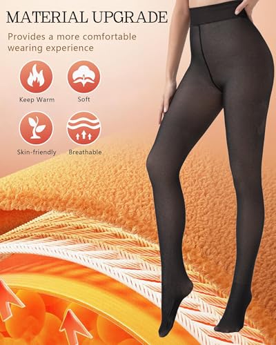 Image of HONGTEYA 2 Pairs Fleece Lined Tights Women - Warm Sheer Pantyhose Fake Translucent Tights Winter Thermal Leggings