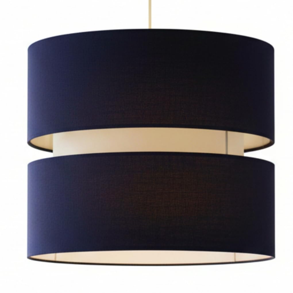 Double Layer Pendant Lampshade, Navy and White, 21.5cm Height x 25.5cm Diameter, Dual ES/BC Fitting (Navy)
