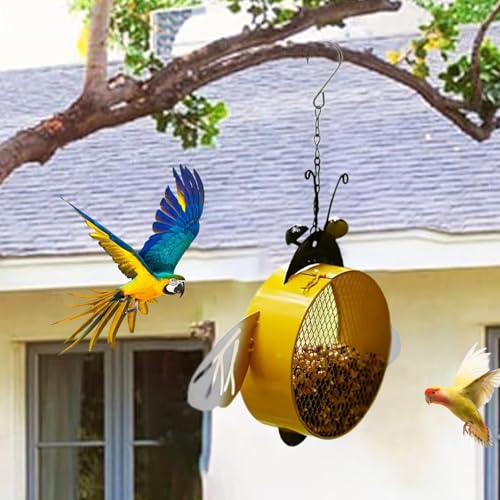 Mangeoire à oiseaux extérieure jaune en fer de grande capacité suspendue - 3