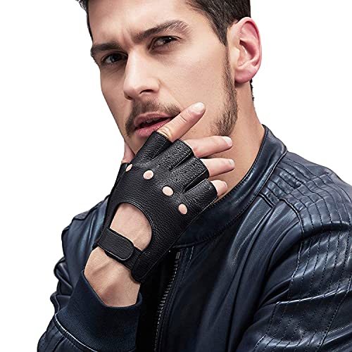 Image of GSG Men's Fingerless Leather Driving Gloves, Half Finger, lambskin | Half Finger Design, Breathable Comfort,Driving, Motorcycle Riding, Racing, Cycling, Daily Wear