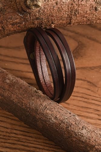 HAQUIL Artisanal Multi-Wrap Brown Leather Bracelet with Vintage Metal Accents for Men3