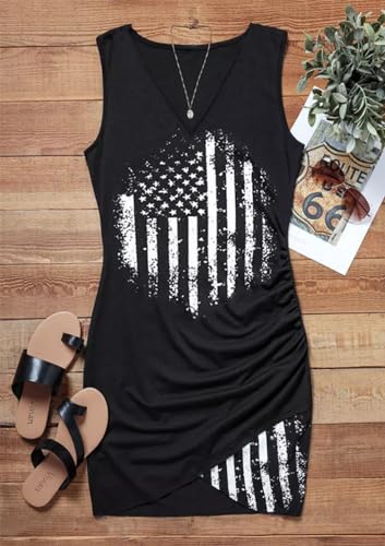 Image of American Flag Ruched Wrap Sleeveless Mini Dress Women 4th of July Patriotic Tank Dress Sexy V Neck Holiday Party Dress