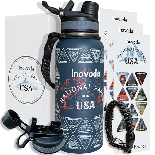 Inovoda National Parks Water Bottle With Waterproof stickers, 32oz LeakProof Stainless Steel Insulated Bottle, Suitable For Hiking, Camping & National Parks Gifts (Blue)