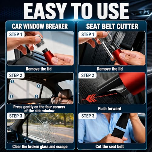 Image of 2-in-1 Window Breaker Seatbelt Cutter, Underwater Glass Breaker Window Punch with Tungsten Tip, Safety Kit Emergency Escape Tool with Test Glasses for Vehicle Accidents (Red & Black & Grey)
