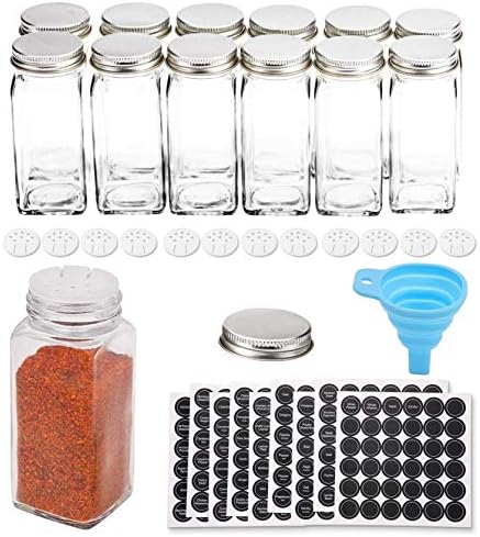 12 Square Clear Glass Bottles Containers Jars 4oz with Black Metal Lids and Shaker Tops Empty Organizer Set Deluxe Decorative Modern - Spices Seasoning Food Crafts Gifts (Black)