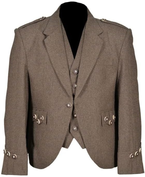 Argyle Tweed Kilt Jacket with 5 Button Vest Scottish Wedding Argyll Jacket with Waistcoat Brown Colour