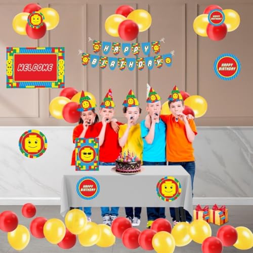 Image of PRETTY UR PARTY Building Blocks Birthday Party Decorations Kit-80 Pcs Includes Banner,Balloons,Thank You,Centerpiece,Danglers,Blocks Party Supplies,Lego Bday Decor,Diy Decor Pack For Kids,Boys