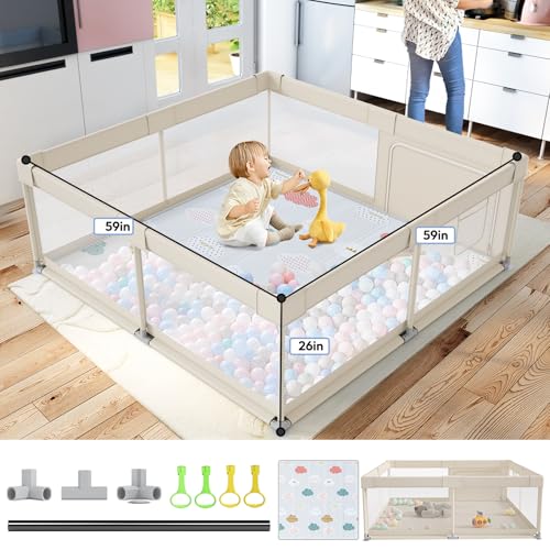 Image of Fodoss Baby Playpen with Mat - 59x59in Playpen for Babies and Toddlers, Kids Play Pen, Extra Large Baby Play Pen, Big Playard for Infants