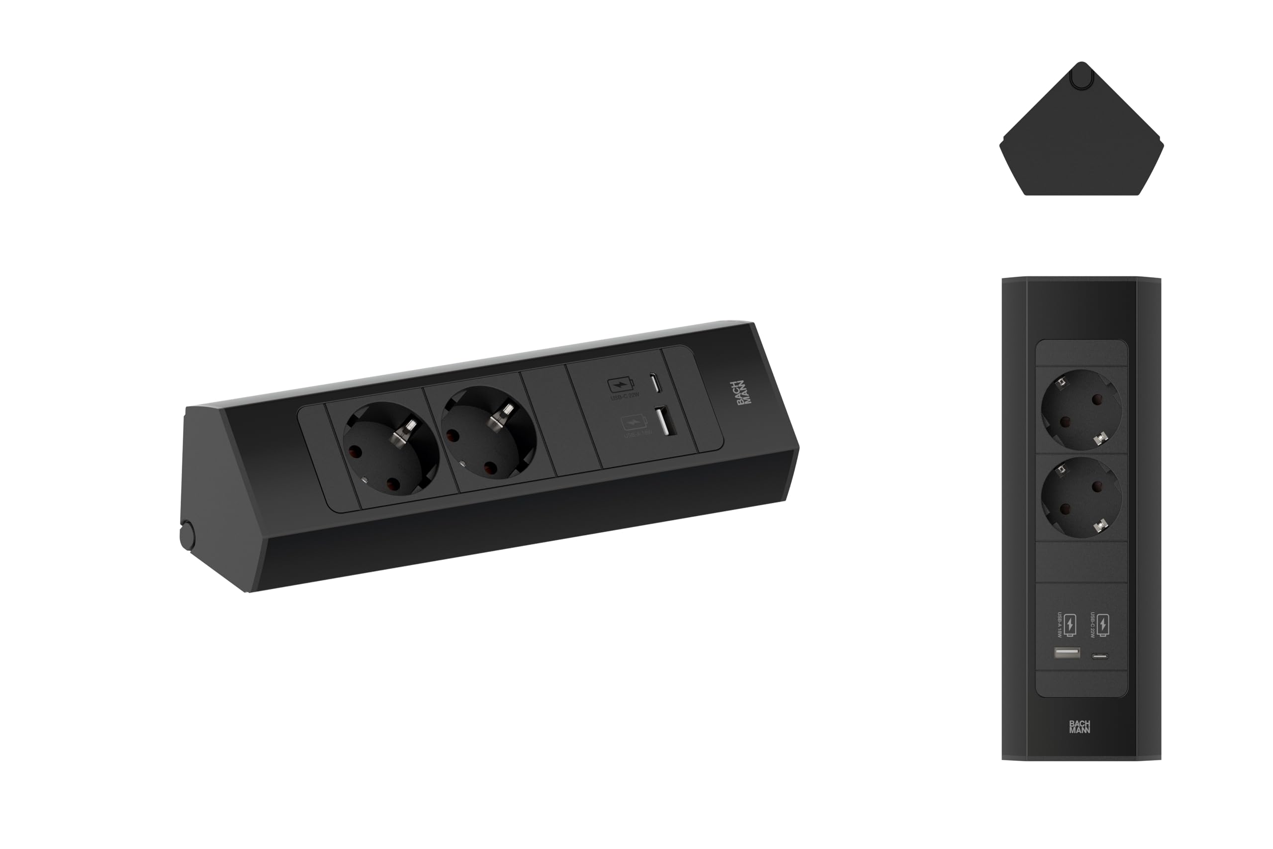 Bachmann Multiprise d'angle Casia 2, 2 Prises avec USB-A et USB-C, câble de 2m, Montage Mural ou en Angle dans la Cuisine et au Bureau, Noir (avec revêtement Anti-Traces de Doigts)