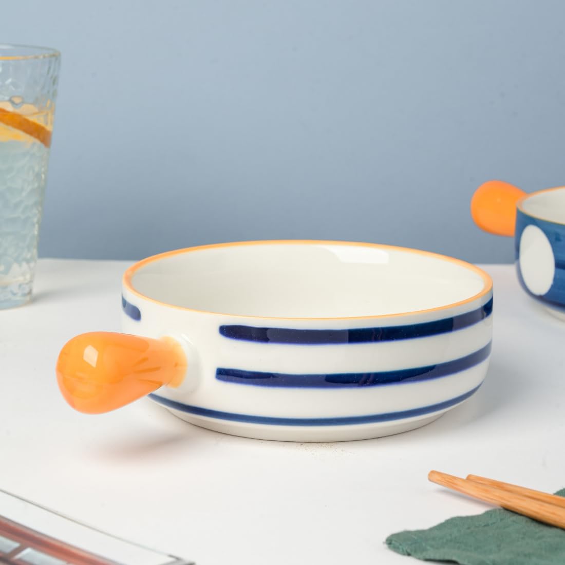 Nestasia Ceramic Snack Bowl with Handle | White & Blue Serving Bowl with Yellow Handle | Microwave & Dishwasher Safe Big Bowl Perfect for Snacks, Noodles, Salads, Soup, Baking (700ml)