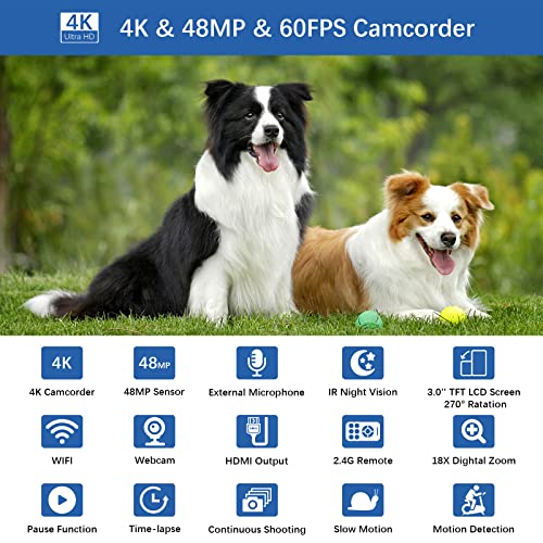 Homiebuds Video Camera Camcorder, 4K 48Mp 60Fps Ir Night Version Vlogging Camera 18X Zoom Wifi Digital Camera Youtube Recorder Camera With Microphone, 2.4G Remote Control, Lens Hood #TOP1