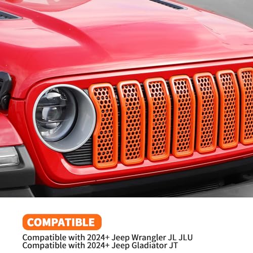 Image of Front Grill Insert Mesh Grille Inserts Cover Kit 7Pcs Compatible with 2024-2025+ Jeep Wrangler JL JLU & Gladiator JT Exterior Accessories (Orange)