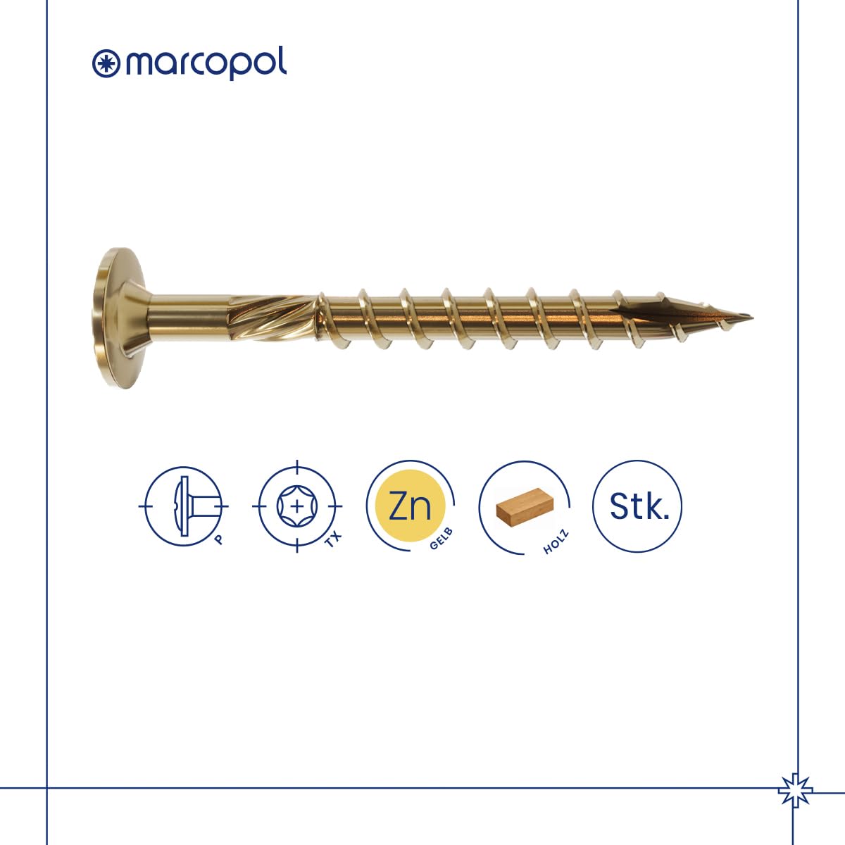 Marcopol - Tornillos Torx para madera con cabeza avellanada, tornillos 8 x 280 mm, tornillos Torx galvanizados en amarillo, tornillos para carpintero Innen-TX, set de 50 piezas