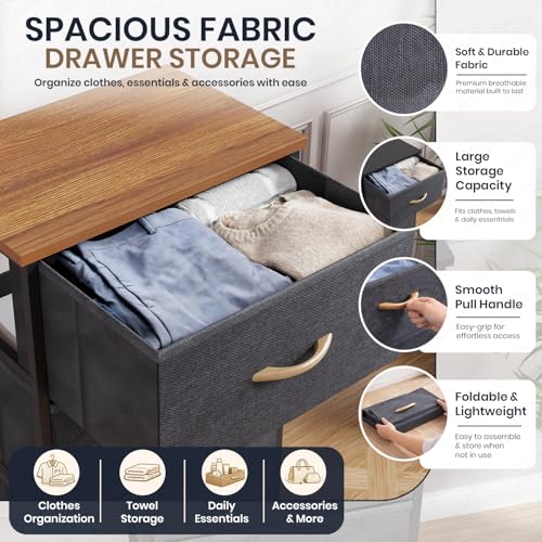 Image of Lukzer Fabric Chest of 4 Drawers Closet Drawer Organizer for Wardrobe | Fabric Drawer Storage for Closet Living Room /Bedroom Metal Storage Bookshelf Organizer (MMR-002 /Black & Oak Brown) - 45x30x93cm