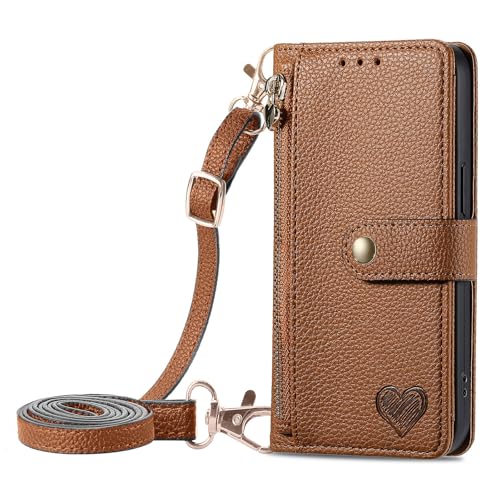 XYX Wallet Case for Google Pixel 8 Pro, RFID Blocking Crossbody Chain Zipper Purse Wrist Strap Love Heart Leather Case with 7 Card Holder for Pixel 8 Pro, Brown
