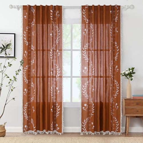 Schweek Boho Curtains for Living Room 84 Inch Long Terracotta Patterned Vintage Farmhouse Curtains 2 Panels,Linen Tassel Floral Window Curtain, Burnt Orange - Image 3