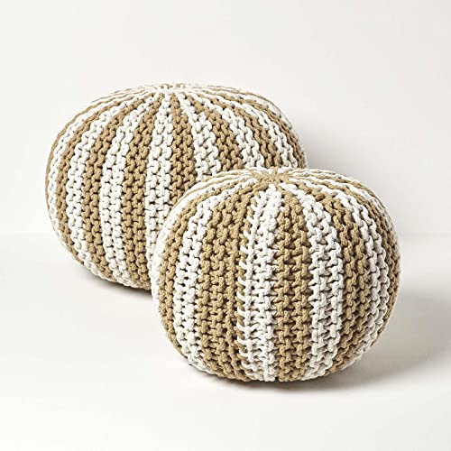 Homescapes Pouf, leinen-weiß gestreifter Strickpouf, großes Bodenkissen 40 x 50 cm, dekorativer Fußhocker mit grob gestricktem Bezug aus 100% Baumwolle, Strickpuff/Strickhocker