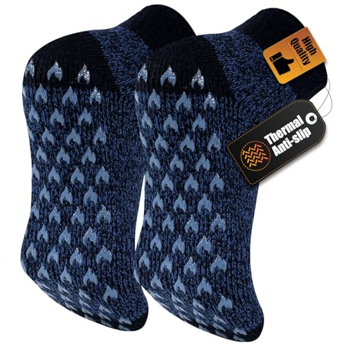 SukModen Mens Thermal Slipper Socks with Anti Slip Grips 1 Pair Thick Fluffy Non Slip House Socks Warm Knitted Bed Socks for Men Winter & Christmas Sizes 6-11 11-15 Black Grey Blue