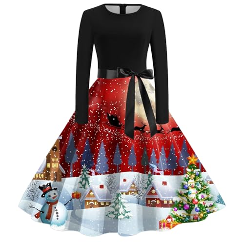 Weihnachtskleid, lang, Damen, Cocktailkleid, bedruckt, Weihnachten, Rockabilly-Kleid, Damen, Winter, Vintage, 50er Jahre, Pin-Up, Damen, schick,...