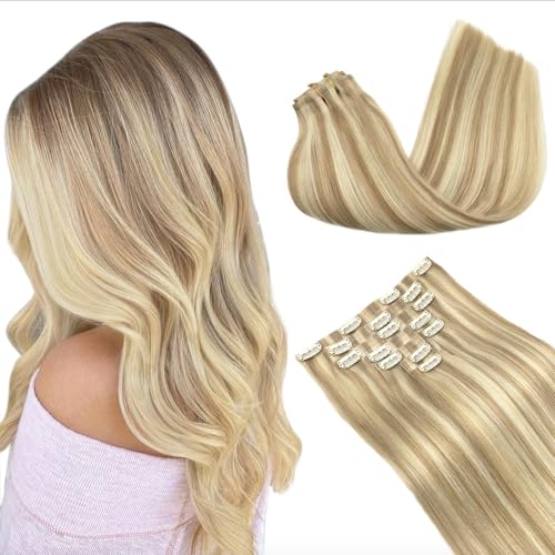 Image of GOO GOO Clip in Hair Extensions Real Human Hair, Remy Human Hair Extensions Clip ins for Women, Natural Human Hair, 16inch 130g 7Pcs, 18A /613A Dark Blonde Highlighted Bleach Blonde