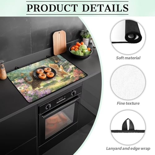 Image of Poceacles Kitchen Decor Glass Stove Cover Stovetop Protector Foldable Electric Stove Top Protector Washer Dryer Top Cover for Home Decor, Cat Floral Green