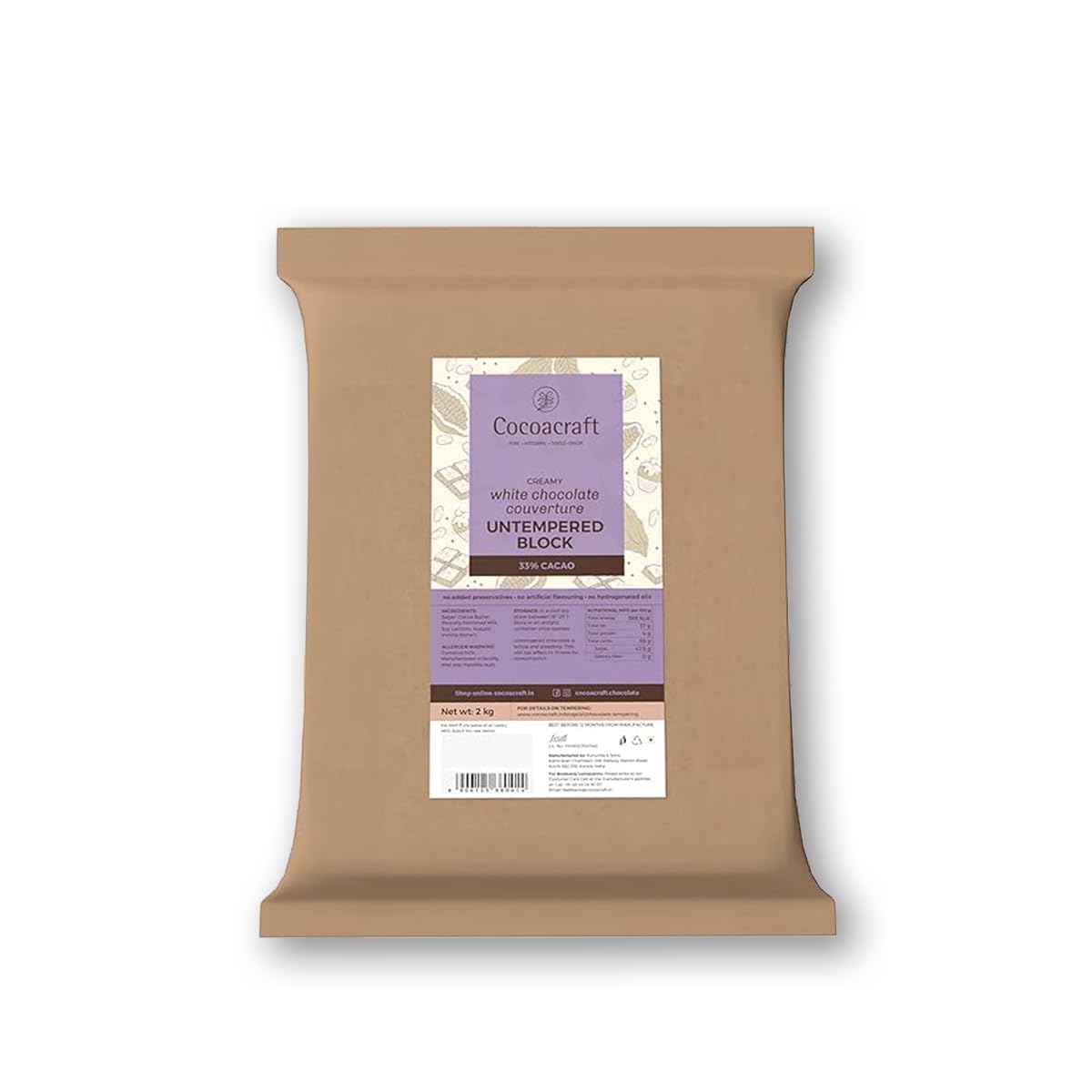 Cocoacraft 33% White Chocolate Couverture Un-tempered Slab (2KG) Chocolate Bar | 100% Natural | Handmade Artisinal Couverture Chocolate from Kerala | Used for baking and decoration (2 Kg)