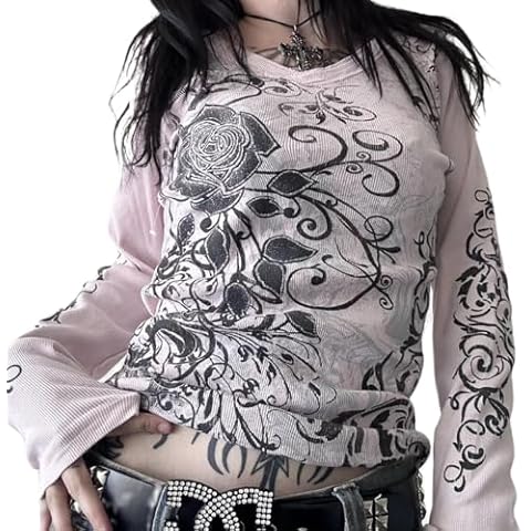 Women Y2K Grunge Shirts Gothic Long Sleeve Baggy Tee Shirt 00S Vintage Graphic T-Shirt Emo Going Out Top Streetwear (C Pink Gothic Shirt, L) Cover