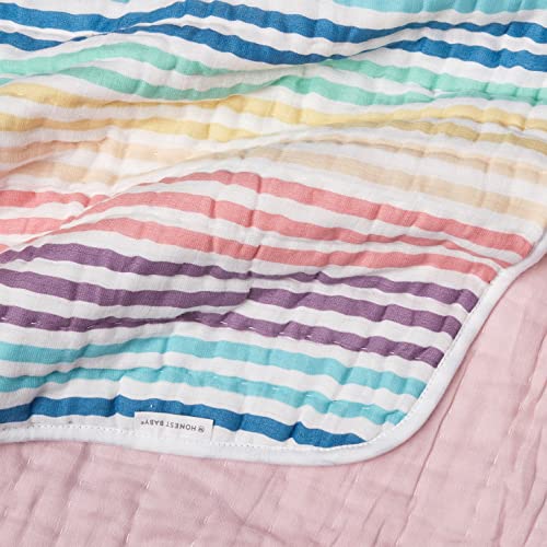 Image of HonestBaby Hand-Quilted Baby Blanket Reversible 100% Organic Cotton for Infant Boys, Girls, Rainbow Stripe, One Size