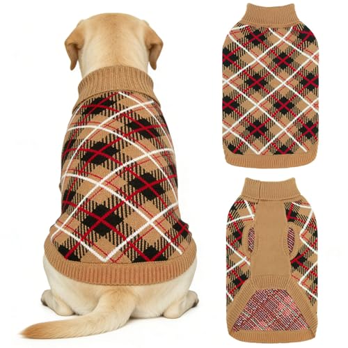 Image of BEAUTYZOO Large Dog Sweater, Plaid Knit Winter Clothes with Harness Hole